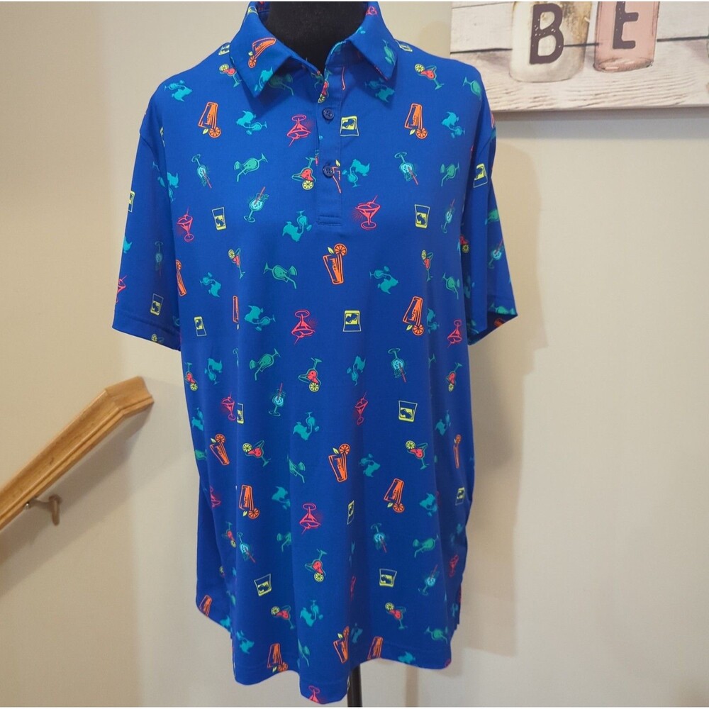 Birdie Bound Polo Shirt Men L Blue Golf Performance Cocktail Drinks Summer